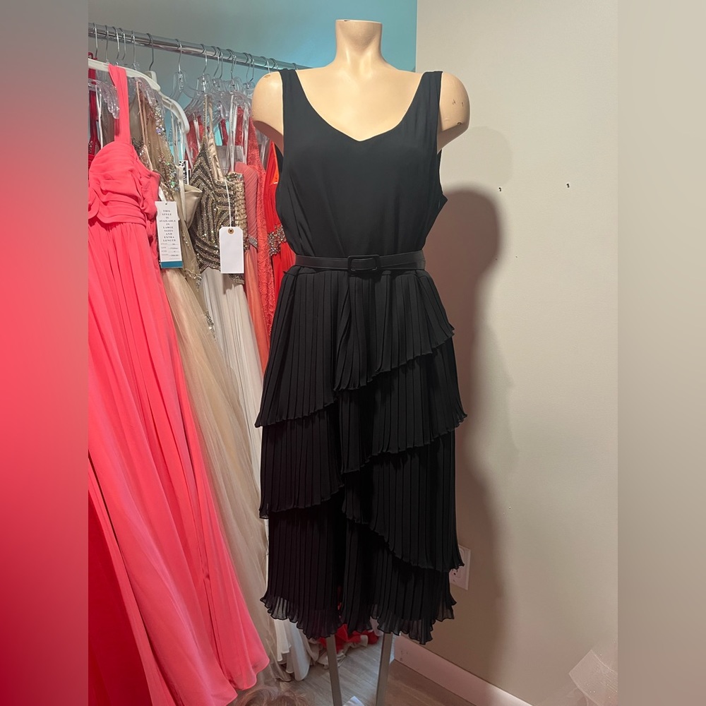 Black Tank Dress with Ruffle Pleated Skirt and Detachable Belt. Size 14.